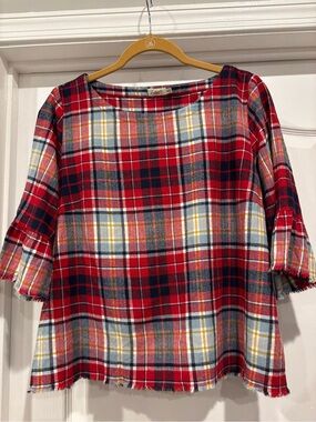 Faherty Red Plaid Bell Sleeve Top